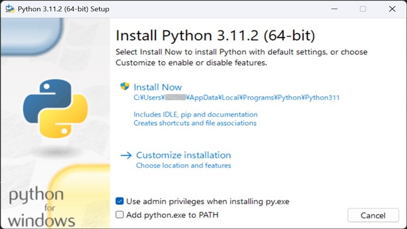 Pythonのインストーラーを起動
